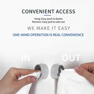 Self-adhesive stainless steel towel holder showing push-in and pull-out operation