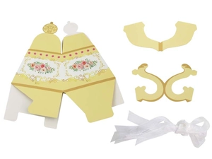 DIY tea party favor box components with vintage rose print and white organza ribbon