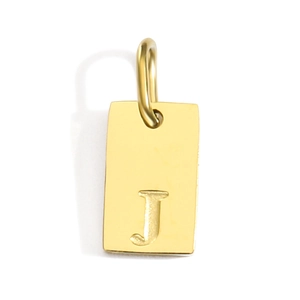 Detailed view of a gold rectangular pendant with engraved letter J and hanging loop