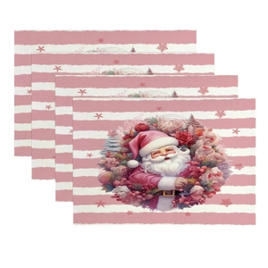 Pink striped Christmas placemats set of 4 with Santa Claus and floral wreath