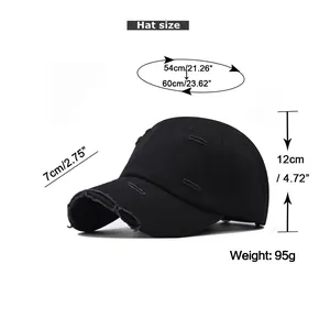 Size guide for distressed cotton baseball cap showing brim width and head circumference