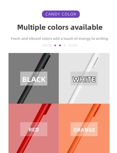 Detail showing candy colored retractable gel pens in black, white, red, and orange options