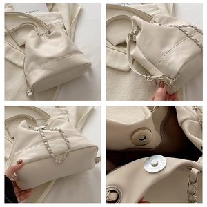 Detailed views of beige bucket bag showing drawstring closure and leather chain strap