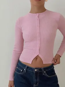 Gilet En Tricot Nervuré Pour Femmes Manches Longues Col Rond Coupe Ajustée Top Boutonné Y2K Sexy Casual Streetwear