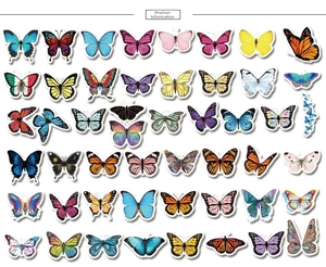 Flat lay of colorful waterproof butterfly stickers for suitcases and laptops set
