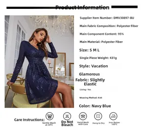 Detalle de vestido de lentejuelas azul marino con cuello en V cruzado y talle alto