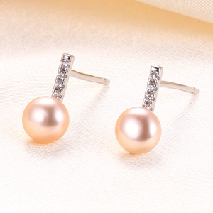 Elegant S925 silver long bar earrings with pink pearls and cubic zirconia stones
