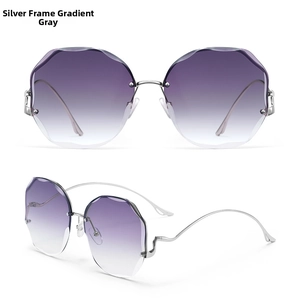 Détail de lunettes de soleil sans monture avec verres dégradés à coupe ondulée et branches argent