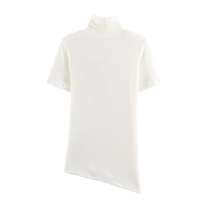 Detail showing the knitted texture and asymmetric hem of this high neck short sleeve top
