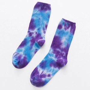 Tie-dye cotton crew socks in purple and blue blend with ribbed knit texture for women
