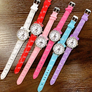 Detail view of colorful cartoon cat-shaped quartz watches for girls in various colors