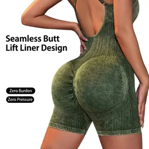 Olive green seamless yoga jumpsuit with ribbed texture and heart-shaped booty lifting design