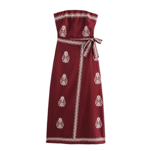 Women Strapless Maxi Dress Polyester Ethnic Tribal Print Smocked Waist Tie A-Line Summer Beach Resort Style