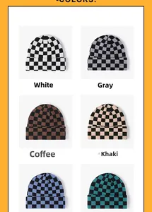 Collage of checkered knit beanies in six colors: white, gray, brown, khaki, blue, and green