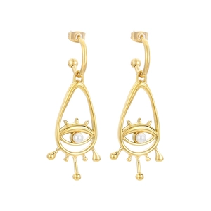 Ethnic hollow evil eye drop earrings in gold stainless steel with pearl accents