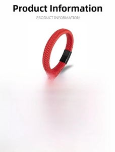 Detail view of 21.5cm red braided leather bracelet with black magnetic stainless steel clasp