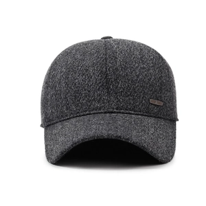 Winter dark grey wool baseball cap for men with warm ear flaps and leather accent