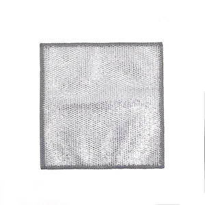 Silver metal mesh cleaning cloth with grey edges for kitchen stoves and dishwashing tasks