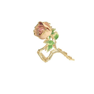 Elegant gold rose flower hair claw clip with pink gradient petals and green leaves