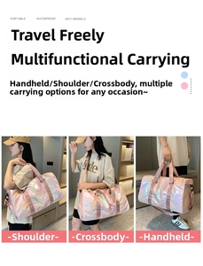 Pink holographic duffel bag shown in three ways: shoulder, crossbody, and hand carry style