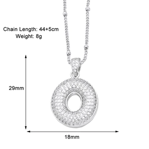 Detail view showing dimensions of silver alphabet necklace with sparkling zircons