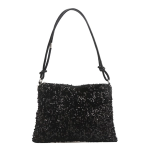 Fashionable black sequin shoulder bag with leather strap and zipper closure for women
