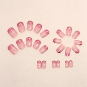 Pink gradient short false nails with silver glitter tips and polished finish 24-piece set