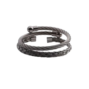 Gunmetal stainless steel wire twisted bangle set with sphere ends in minimalist open style