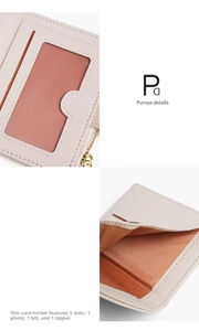 Detailed view of women's short wallet showing card slots, photo holder and zipper pocket