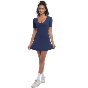 Detail of navy blue slim fit tennis bodysuit showing scoop neck and A-line silhouette