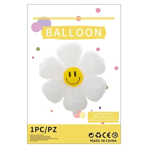 Large white daisy foil balloon with a yellow smiley face for birthday party decoration