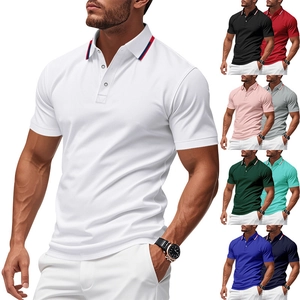 Detail of multi-color knit polo shirts collection with striped collar and slim fit design