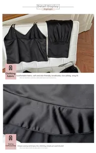 Close-up of fine craftsmanship and silky black satin fabric of the sleepwear set