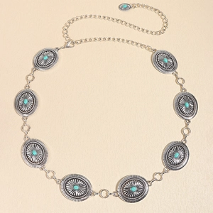 Bohemian silver metal waist chain with vintage floral carving and turquoise stones