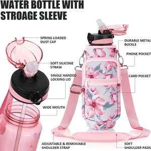 Detail view of pink floral bottle sleeve with phone pocket and adjustable strap