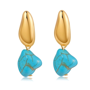 Elegant 18K gold plated drop earrings with turquoise stones and baroque pearls on white