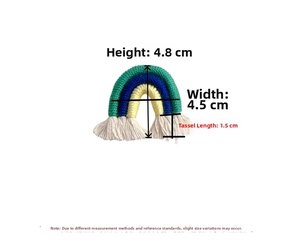 Detailed size map of handmade woven rainbow charm with tassels and precise measurements