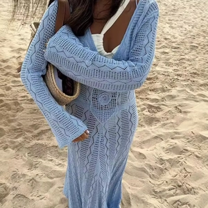 Robe Maxi Au Crochet Pour Femmes Manches Longues Col V Tricotée Polyester Bohème Plage Vacances Manches Évasées