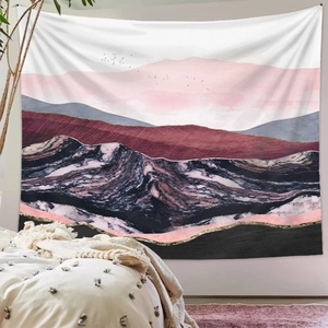 Detailed view of an abstract mountain tapestry with pink and gold marble textures
