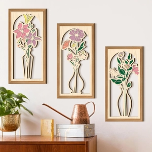 Wooden Wall Art Decor Hollow Out Floral Vase Hanging Panels Home Decoration Rustic Nordic Style