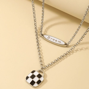 Retro double-layered necklace set with black and white checkered square and Dream tag