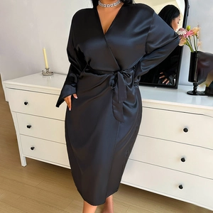 Elegant black satin long-sleeved wrap robe for women featuring a V-neck and a waist tie detail