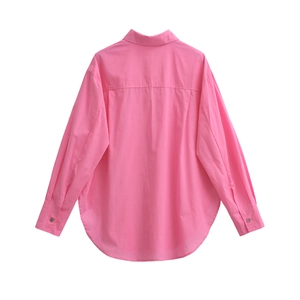 Pink casual button-down shirt for women with lapel collar and pleated back view