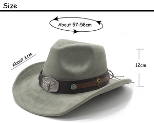 Detailed size guide of light grey suede cowboy hat with turquoise and bull head accents