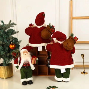 Three creative Santa Claus plush figurines in red and green for Christmas home decor
