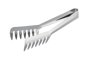 Close-up of stainless steel pasta tongs with a 14-tooth comb head on white background