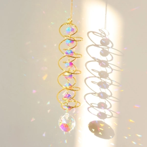 Macro detail of golden spiral tail with crystal prisms casting vibrant rainbow light spots