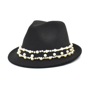 Elegant black wool fedora hat for women featuring a double row of faux pearl embellishments