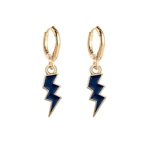 Detail of gold-plated lightning bolt hoop earrings with deep blue enamel pendants