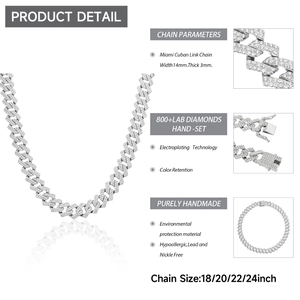 14mm Miami Cuban link chain for men with lab diamonds and silver finish in 18-24 inch length